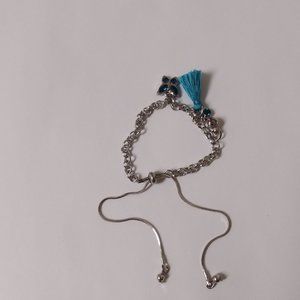 Silver chain, and dark blue tassel, butterfly and gem homemade bracelet💙